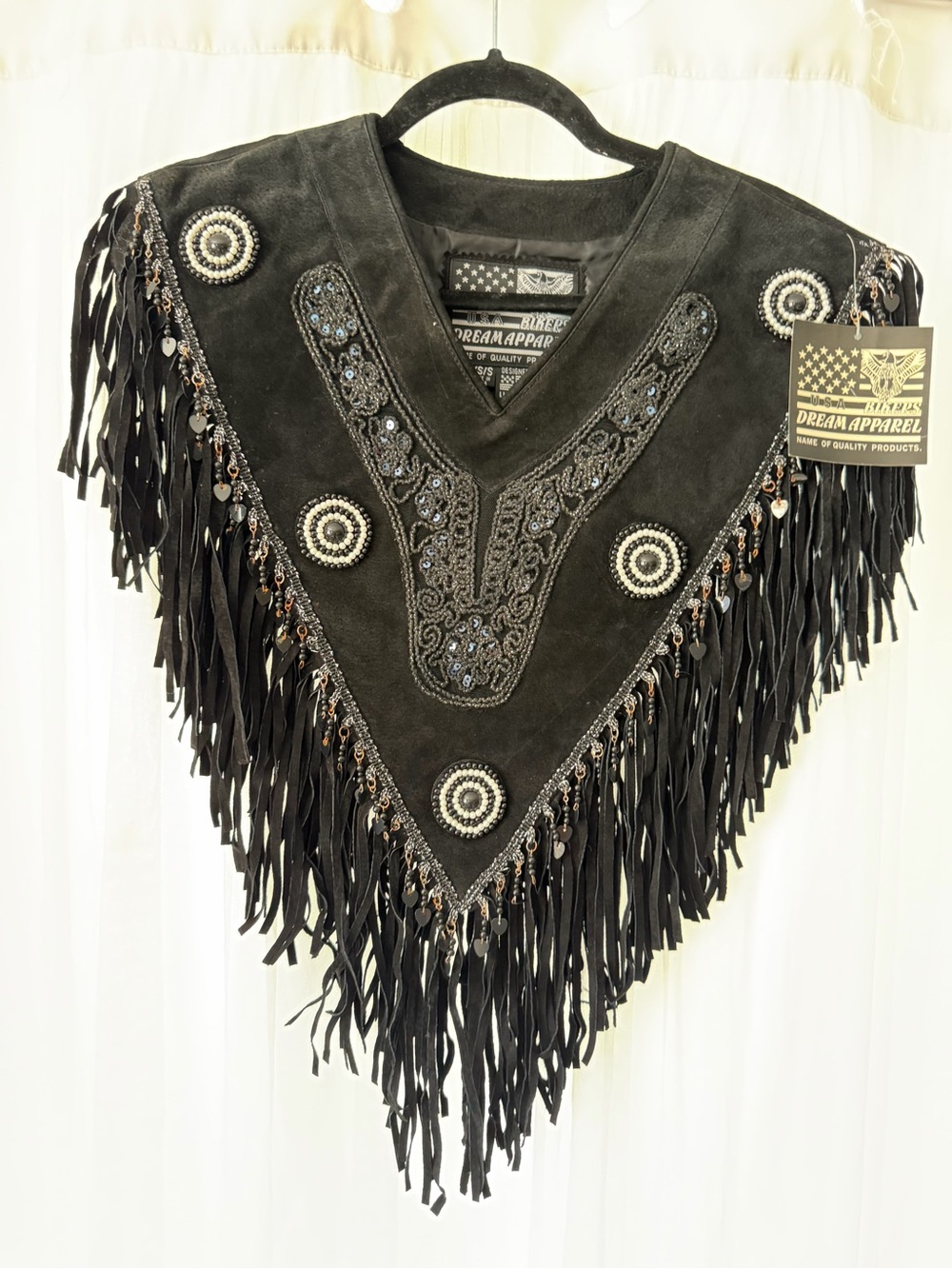 Dream Apparel Black Suede Fringed V-Poncho with Beaded Embellishments